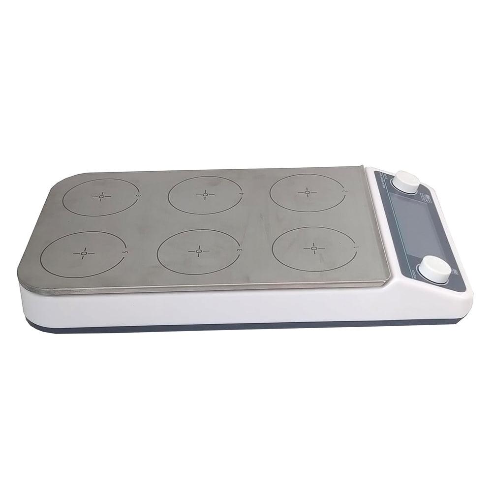 VTSYIQI Multi Position Hotplate Stirrer 6 Position Magnetic Stirrer with Max Stirring Volume 6 * 500 ML Speed Range 50-1200RPM Plate Material 304 Stainless Steel Can be Run Synchronously or Asynchronously Temperature Room Temp - 120℃
