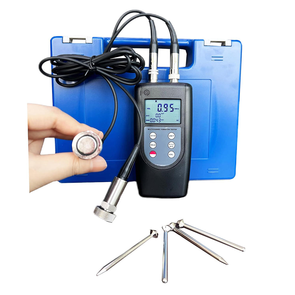 VTSYIQI 2-Channel Vibration Meter with Velocity Acceleration Displacement Simultaneously Display Velocity Cone Probe & Spherical Probe 2 Piezoelectric Transducers for Measuring Periodic Motion to Check the Imbalance and Deflecting of Moving Machinery