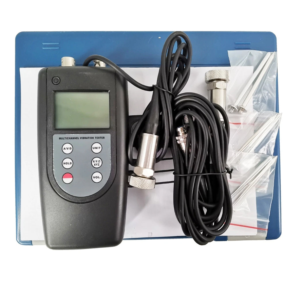 VTSYIQI 3 Channels Vibration Tester Meter Vibrometer with 3 Piezoelectric Transducers Display The Same Parameter at 3 Measuring Points Function Display Acceleration Velocity Displacement at Any 1 Measuring Point Function