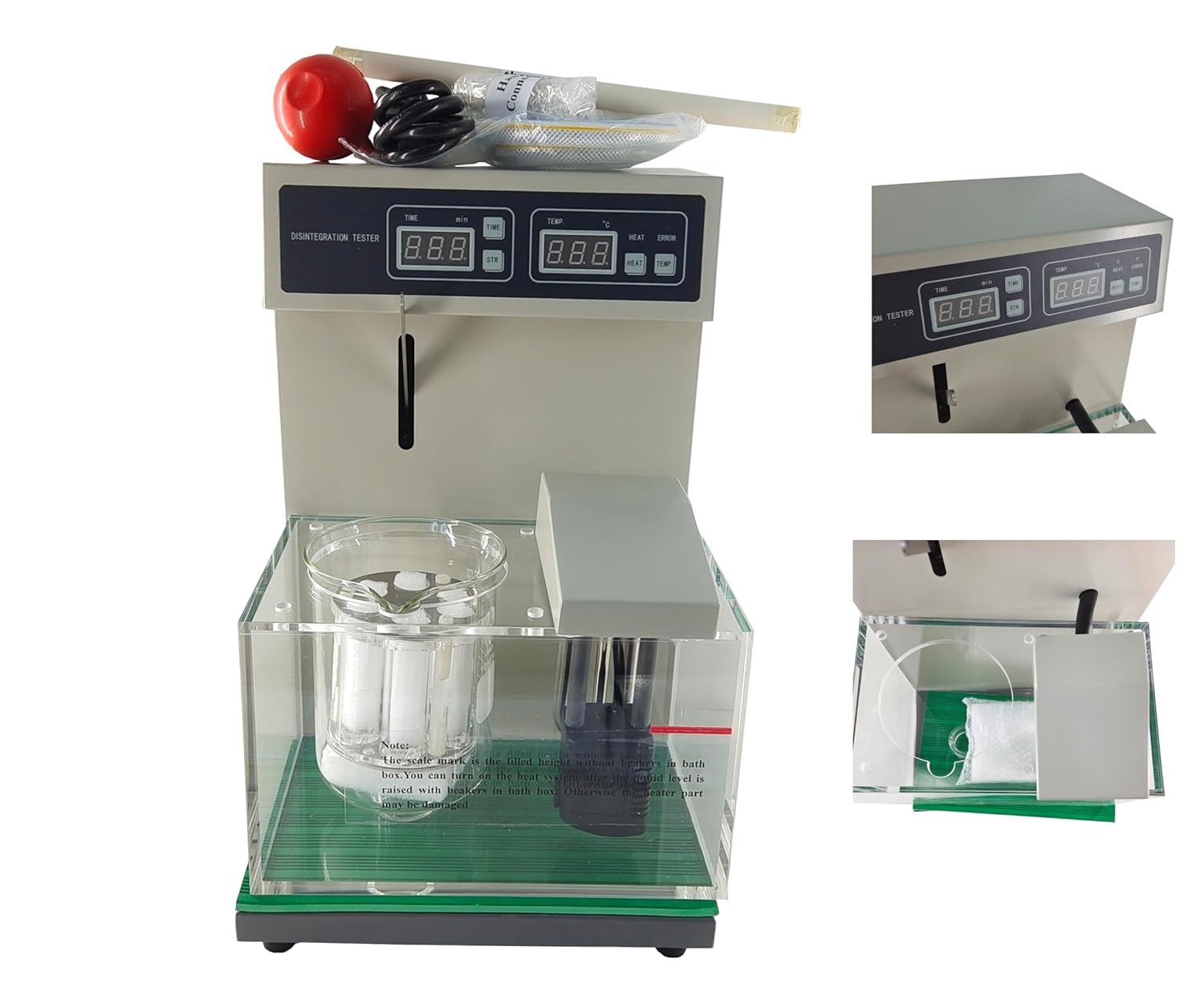 VTSYIQI Tablet Disintegration Testing Disintegration Tester with Automatic Time Range(1~900)min 6 Tubes 1 Basket Assembly Beaker Volume 1000ml Nacelle Back&Forth Frequency (30~32)/min Range (55±1)mm