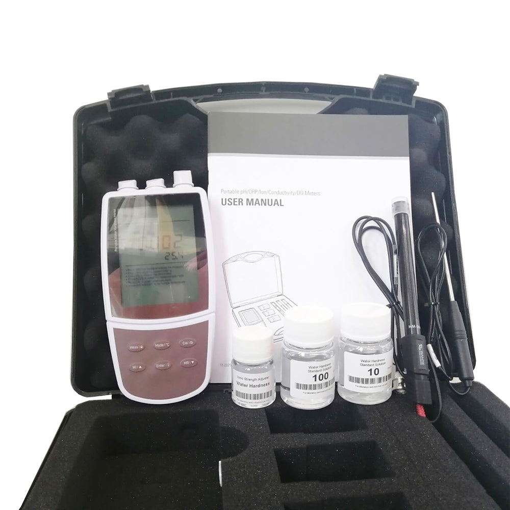 VTSYIQI Water Hardness Analyzer Laboratory Water Hardness Meter with Standard Calibration Liquids Range (CaCO₃) 0 to 19999 mg/L (CaO) 0 to 11220 mg/L (Boiler) 0 to 400 mmol/L (Ca²⁺) 0 to 8020 mg/L Stores Up to 500 Data Sets