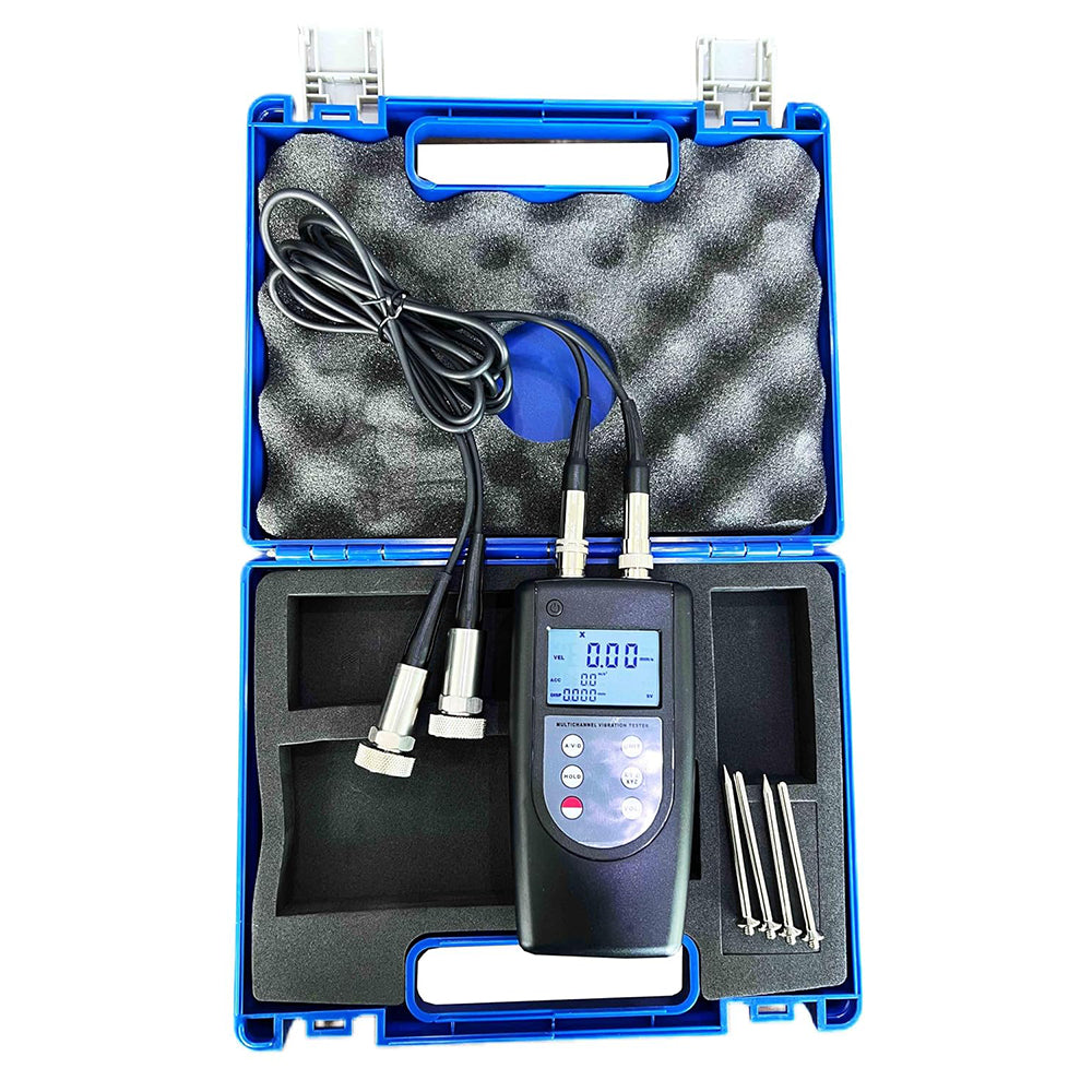 VTSYIQI Double Channel Vibrometer Vibration Meter Tester with Velocity Acceleration Displacement Simultaneously Display 2 Piezoelectric Transducers Frequency Range Acceleration 10Hz~10kHz Velocity 10Hz~1kHz Displacement 10Hz~1kHz