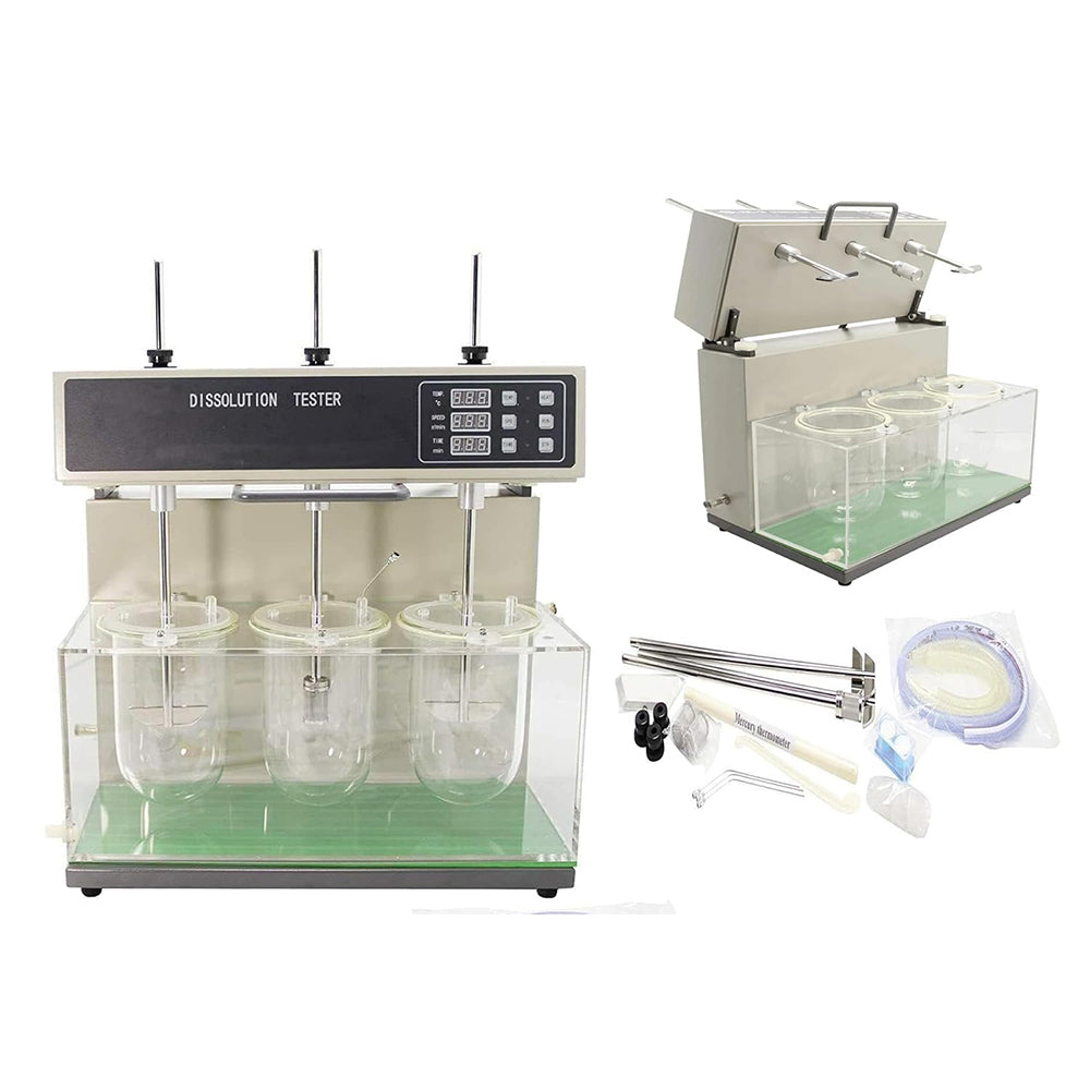 VTSYIQI Pharmic Dissolution Test Apparatus Tablet Dissolution Testing with Speed Range 20-200 RPM Speeding Accuracy ±2rpm Timing Range 5~900min (6 Points) Three Cups and Three Levers Temperature Control Accuracy ±0.3℃