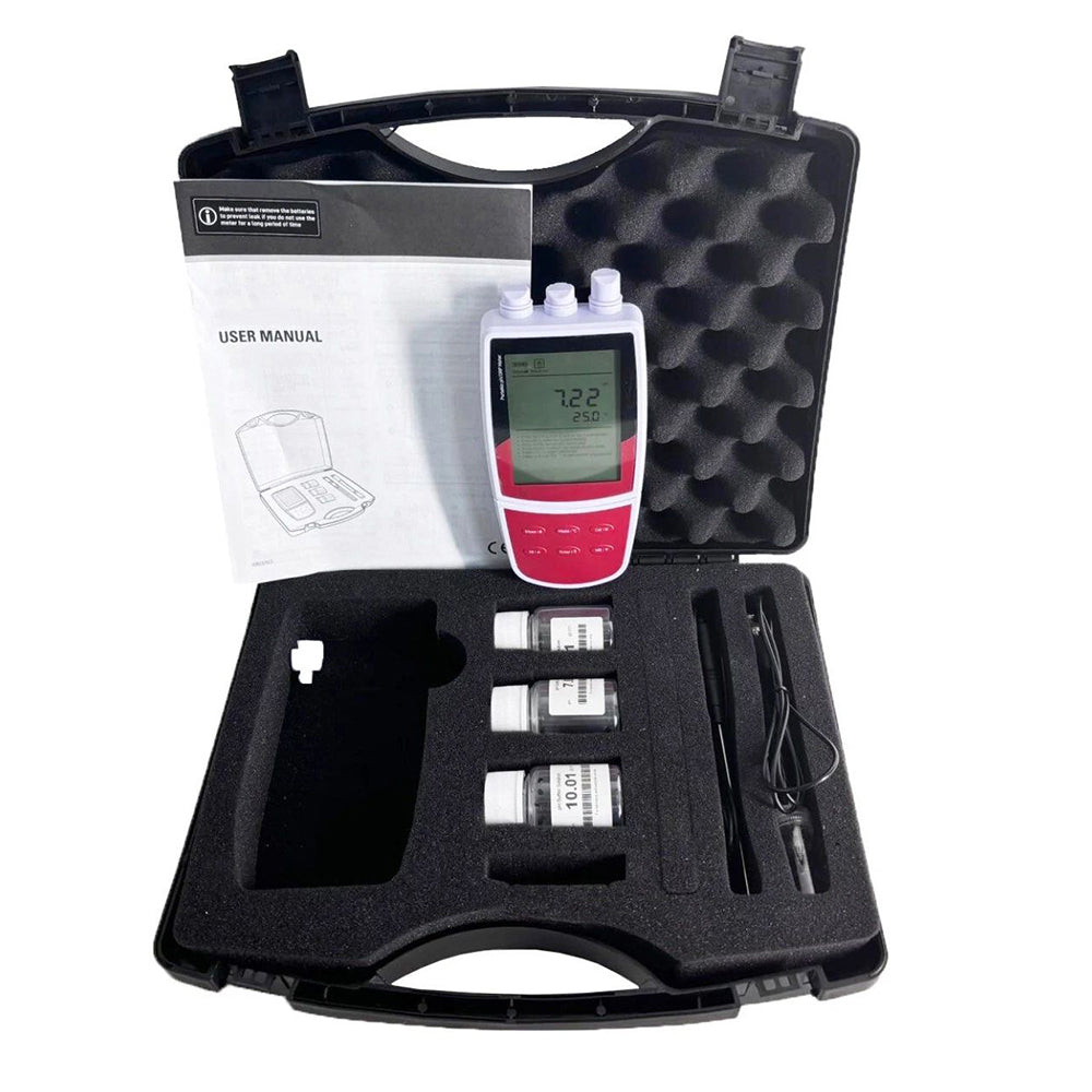 Portable pH Meters Portable pH and Temperature Meter with Calibration Liquids Range -2.000 to 20.000 pH Accuracy ±0.2 mV Stores Up to 500 Data Sets Setup Menu Contains 9 Options Manual/Auto-read Measurement Endpoint