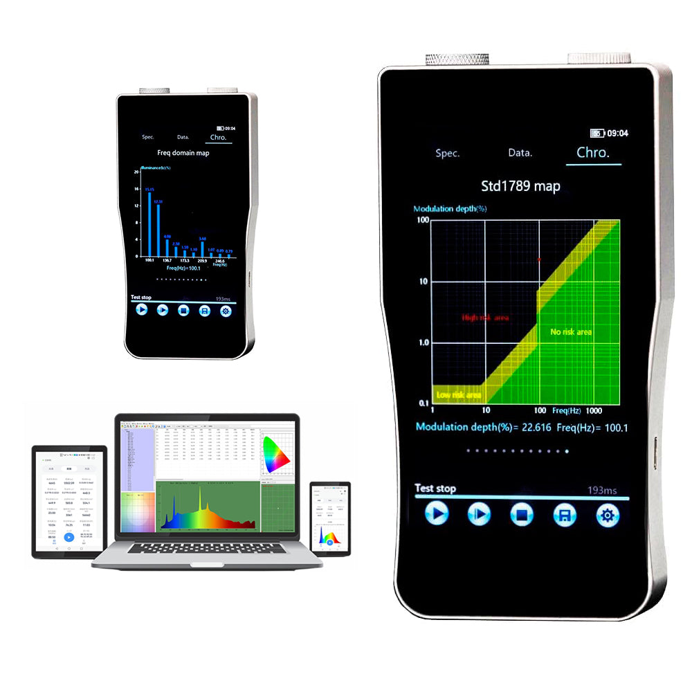 VTSYIQI Flicker Spectrometer Strobe Spectral Illuminometer Flicker Spectral Illuminance Meter with Telephoto Cross Asymmetric CT Spectroscopy System Wavelength Range 380nm~780nm Wavelength Data Output Interval 1nm 5-inch Touch Screen