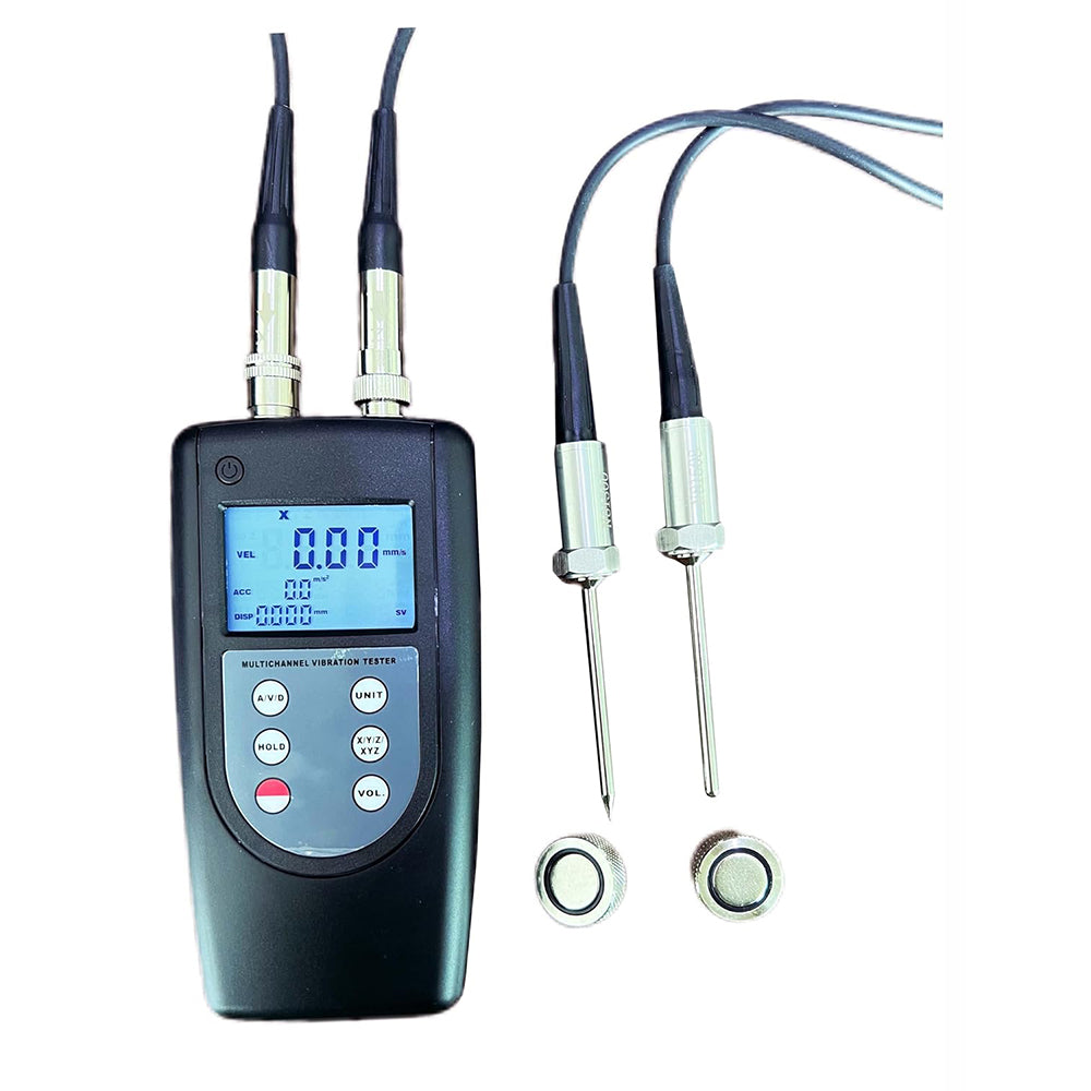 VTSYIQI Double Channel Vibrometer 2-Channel Vibration Meter Tester with Velocity Acceleration Displacement Simultaneously Display Velocity Cone Probe & Spherical Probe 2 Piezoelectric Transducers Accuracy 5% of Reading+2 Digits