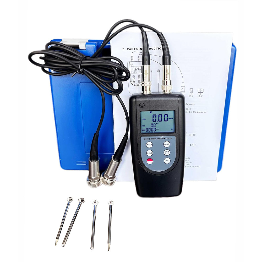 VTSYIQI Double Channel Vibration Meter Vibrometer Handheld Vibration Tester with Frequency Range Acceleration 10Hz~10kHz 2 Piezoelectric Transducers for Measuring Periodic Motion to Check the Imbalance and Deflecting of Moving Machinery