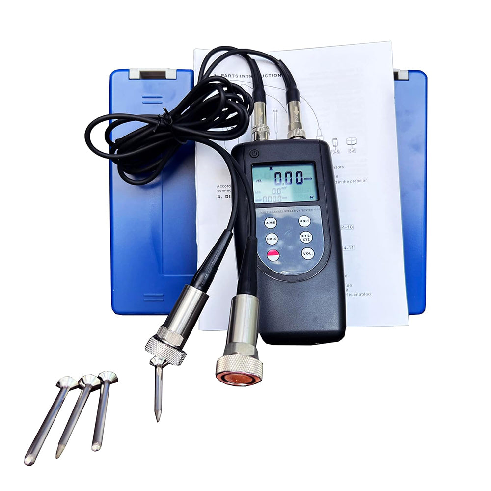 VTSYIQI Digital Vibration Tester Double Channel Vibration Meter with 2 Piezoelectric Transducers Accuracy 5% of Reading+2 Digits Velocity Acceleration Displacement Simultaneously Display Velocity Cone Probe & Spherical Probe