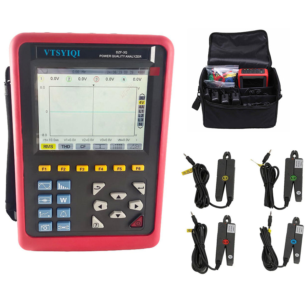 VTSYIQI Power Quality Meter Three-Phase Power Quality Logger Analyzer with 4 PCS Sharp Nose Pliers Current Sensor  Transient Capture Function Communication Function Range10mA~10.0A Recording and Storing Function