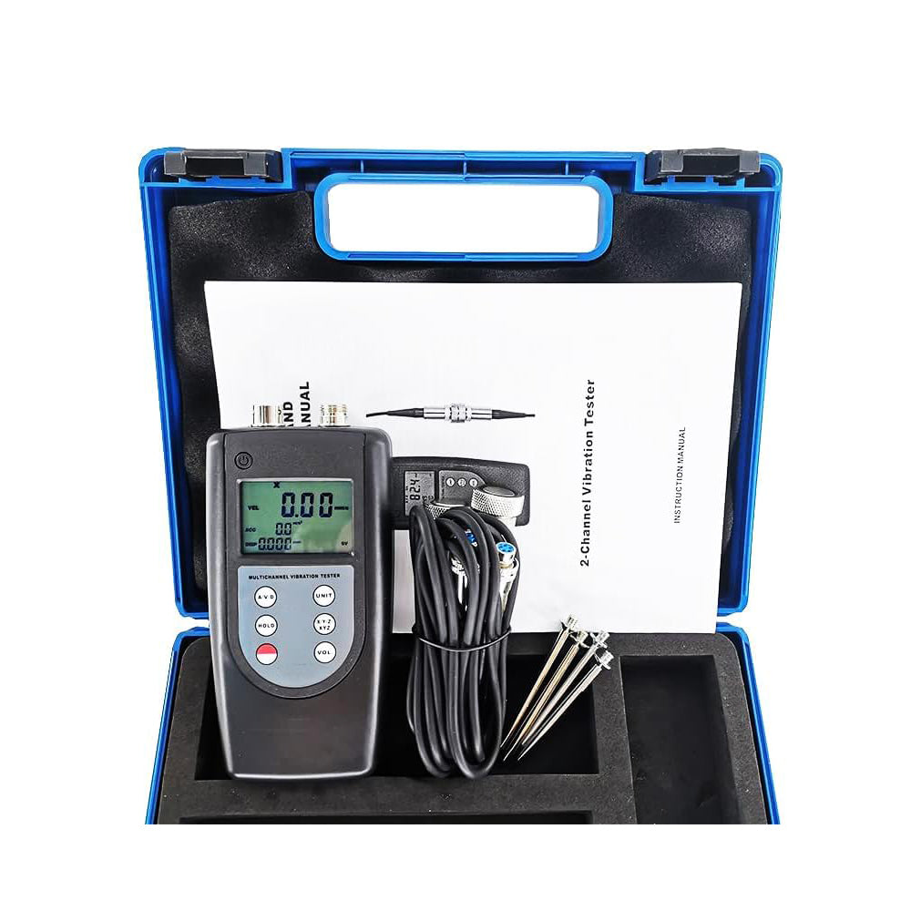 VTSYIQI Double Channel Vibration Meter Tester Analyzer Device with Acceleration 0.1m/s²~400m/s² Velocity 0.01mm/s~400mm/s Displacement 0.001mm~4.0 mm 2 Piezoelectric Transducers Accuracy 5% of Reading+2 Digits