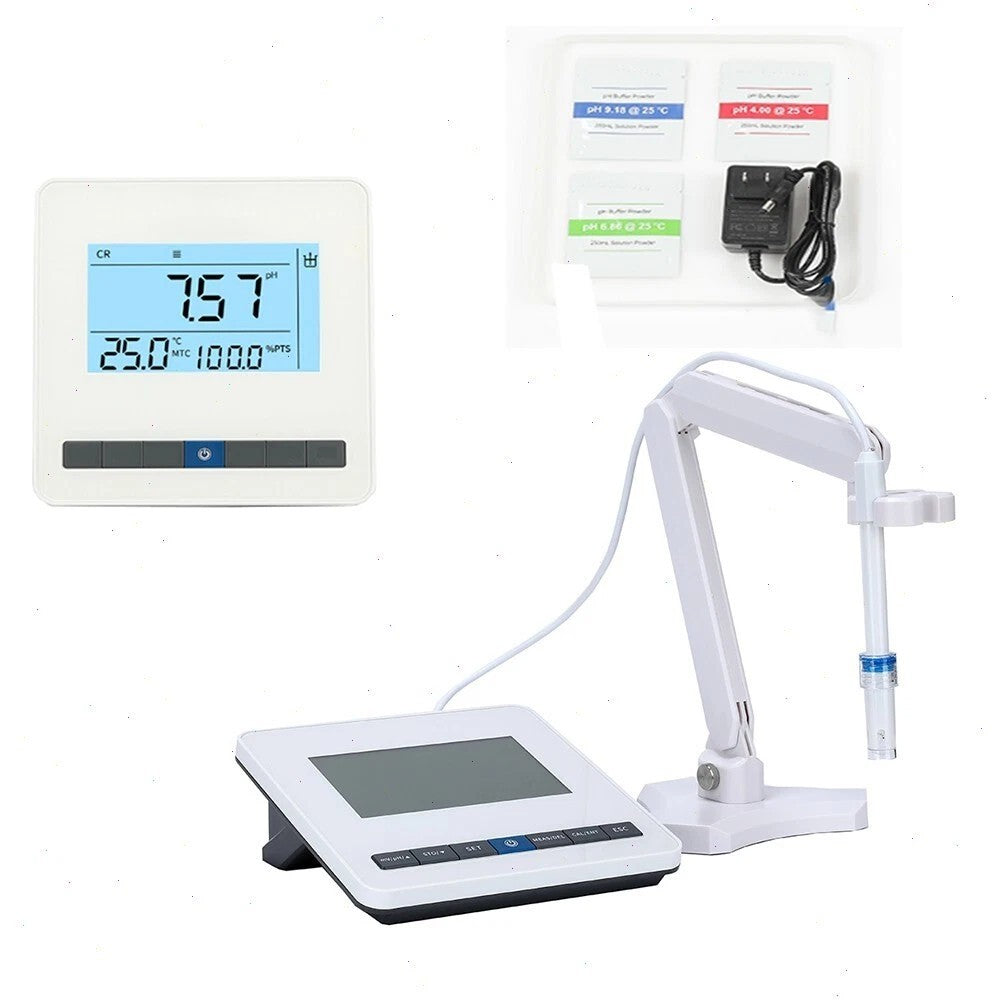 VTSYIQI Digital Benchtop pH Meter with PH Buffer Powder mV Measuring Range -2000~2000mV Movable Bracket 5 Points Calibration 500 Sets Data Storage 6-inch LCD Display Auto-Shut Off Function Automatic/Manual Temperature Compensation
