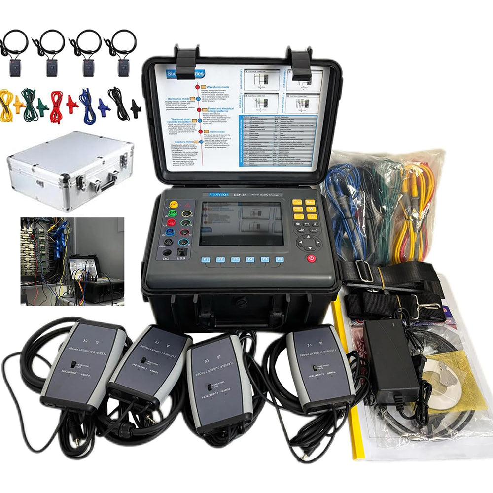 VTSYIQI 3 Phase Power Quality Analyzer Three Phase Power Quality Meter Monitor with Flexible Coil Current Sensor Ф300mm Range 10A-6000A Transformer K Factor Calculation USB Interface 150 Groups Records
