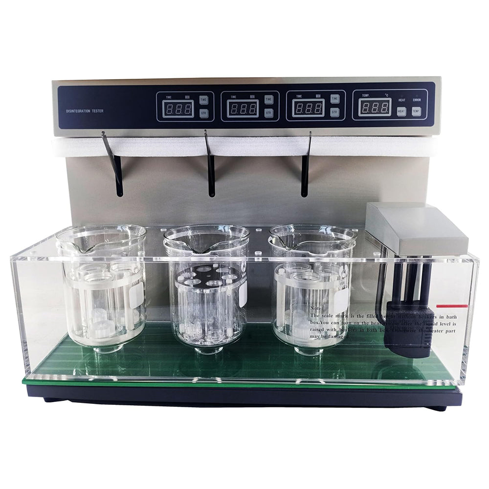 VTSYIQI Tablet Disintegration Apparatus with Flat Bottom Beaker Volume 1000ml Number of Hanging Glass Tubes 18 Basket Assembly 3 Basket Round-trip Frequency (30~32) times/min Basket Round Trip (55±1)mm