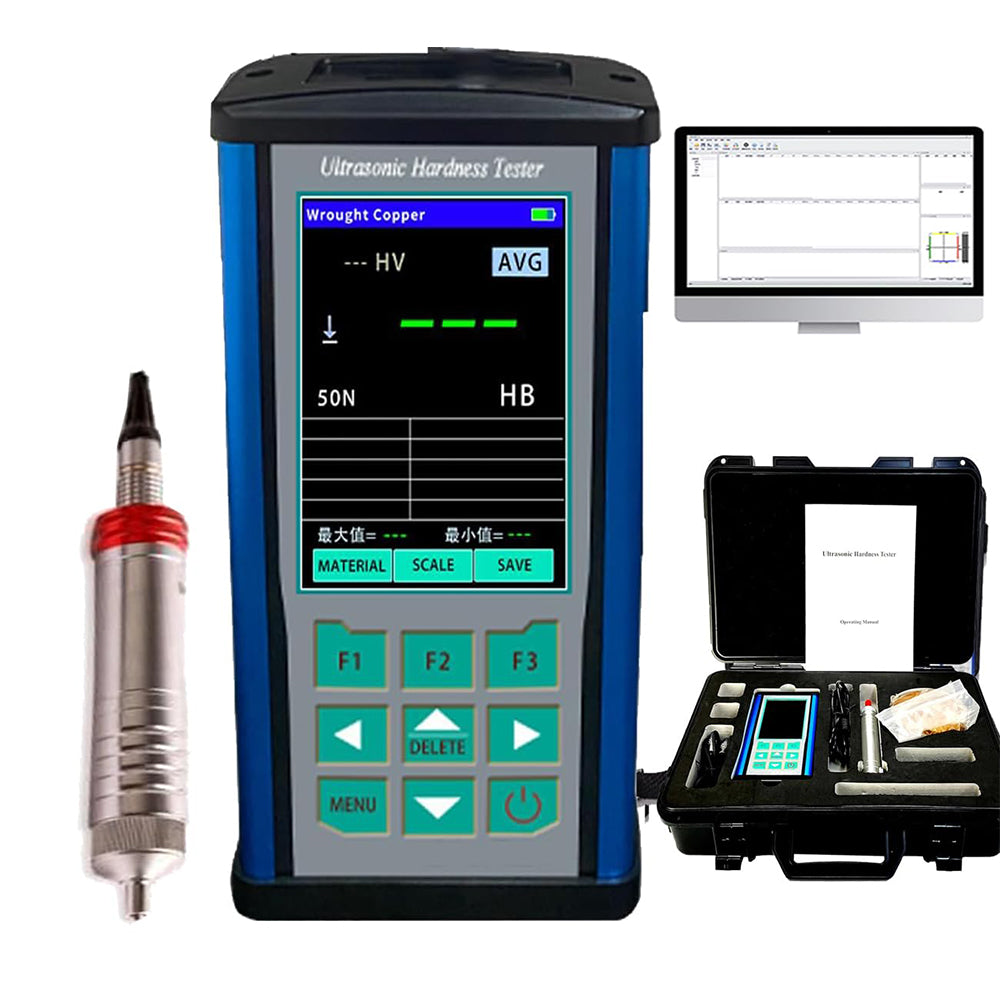 VTSYIQI Ultrasonic Portable Durometer with Maximum Roughness of Test Surface Ra<3.2um Probe 1kgf Test Force 10N Hardness Scales HV HB HRB HRC HRA USB Interface for Surface Hardness Plasma Nitriding Small Complex Formed Parts Aluminum