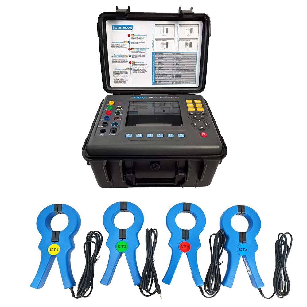 VTSYIQI Three Phase Power Quality Logger Power Quality Analyzer Meter with Circle Current Clamp 50mm×50mm Current Clamp 1.0A~1000A Frequency 40Hz-70Hz Phasor Diagram Display Automatically Energy parameters Wh Varh Vah