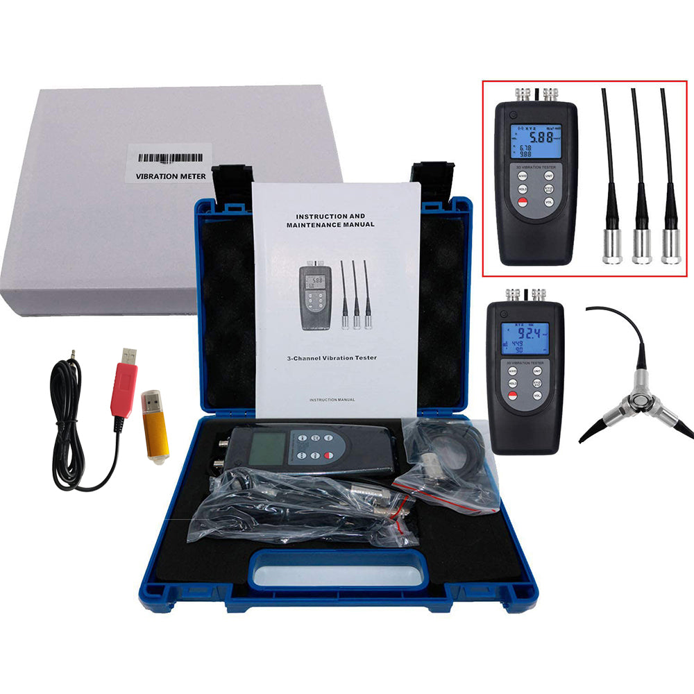 VTSYIQI Digital 3 Axis Vibration Meter Tester 3 Channel Portable Vibrometer Analyzer 3 Probe Vibration Testing Gauge Vibrometer of Velocity Acceleration Include USB Data Cable with Software