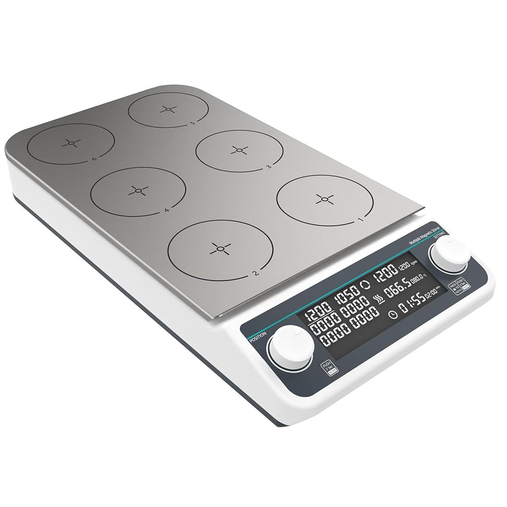VTSYIQI Digital Multi-Position Hot Plate Magnetic Stirrer 6 Position Magnetic Stirrer with Speed Range 50-1200RPM Max Stirring Volume 6 * 500 ML Timing 1min - 19h59min LCD Liquid Crystal Display Temperature Room Temp - 120℃