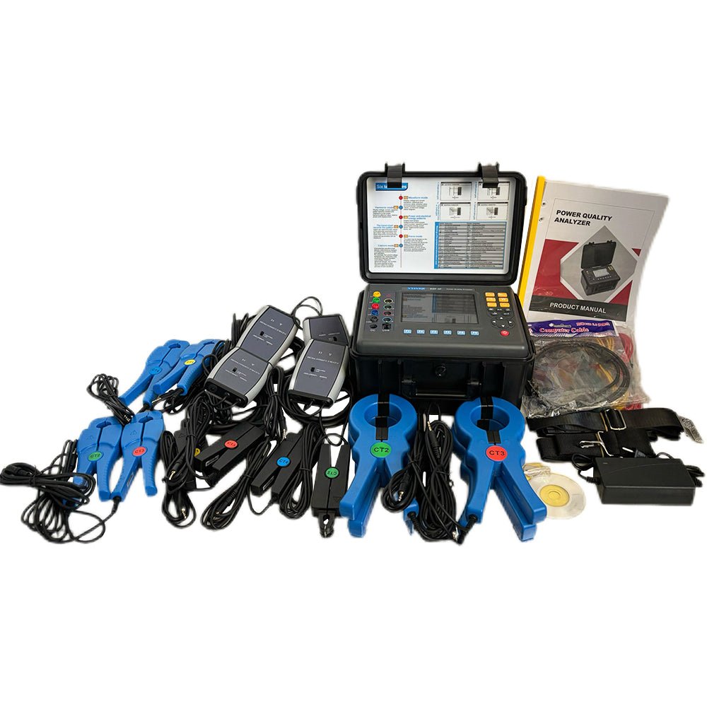 VTSYIQI Multifunctional 3 Phase Power Analyzer Energy Quality Meter with Current 10mA-6000A 1set Small Sharp 2sets Circle Current 1set Flexible Coil Current Clamp USB Interface Real-Time Display