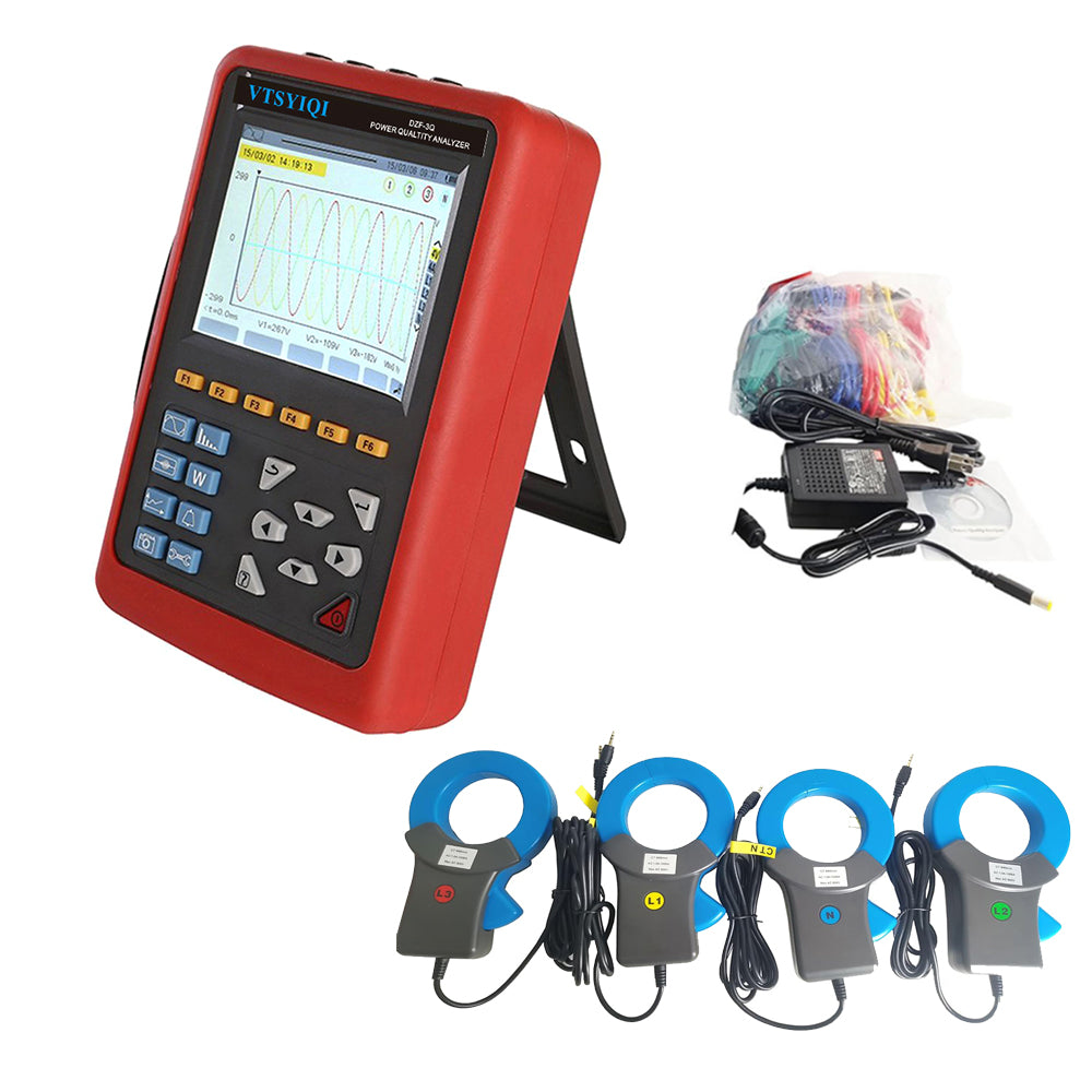 VTSYIQI 3 Phase Power Quality Logger Energy Power Quality Analyser with Range 1.0A~1000A 4PCS 68mm×68mm Round Jaw Current Sensor USB Interface Real-time Waveform Display