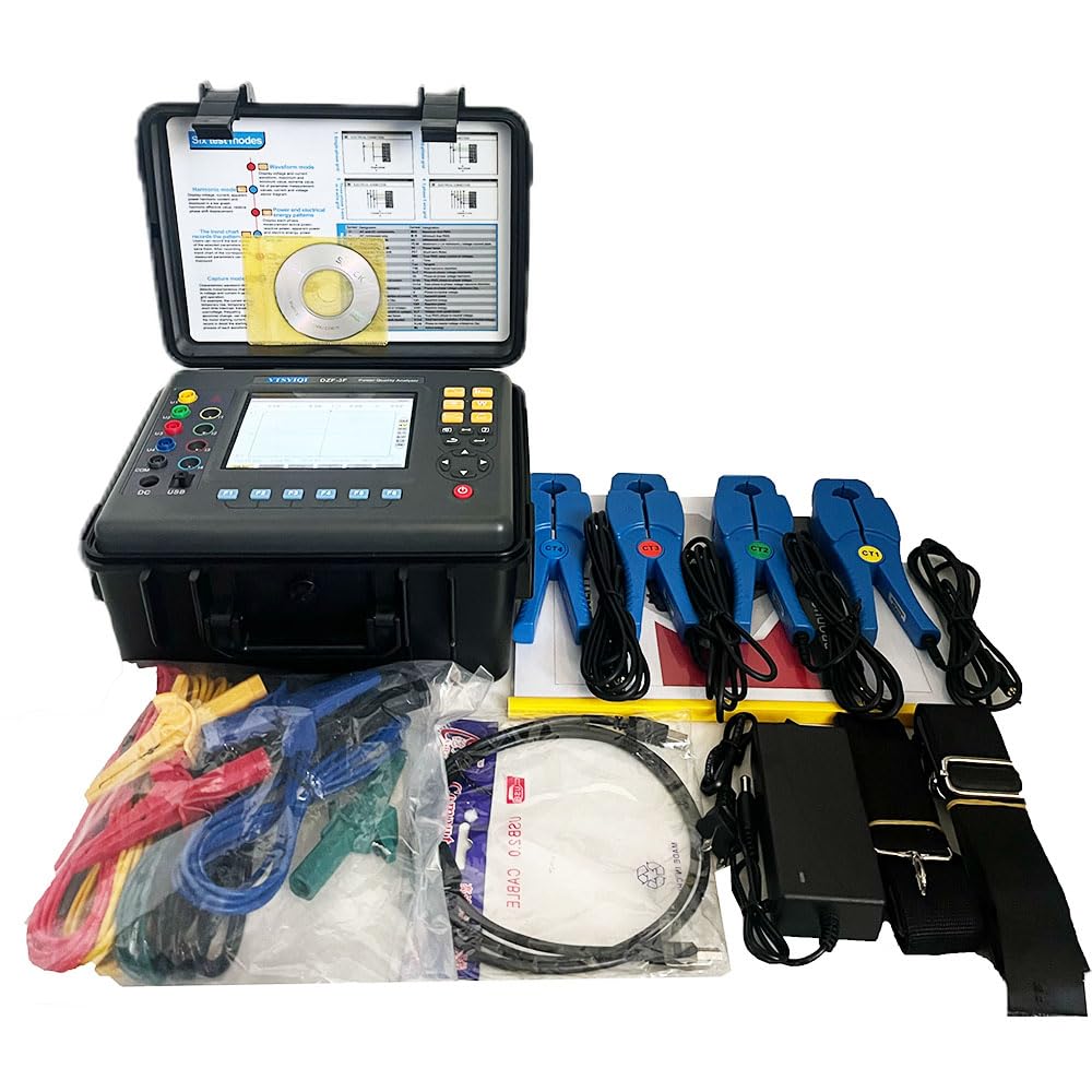 VTSYIQI Power Quality Analyzer 3 Phase Power Quality Analyzer Meter Power Quality Monitor with IEC61010-031 Circle Current Clamp 20mm×20mm Current Clamp 0.10A-100A 150 Groups Data Storage