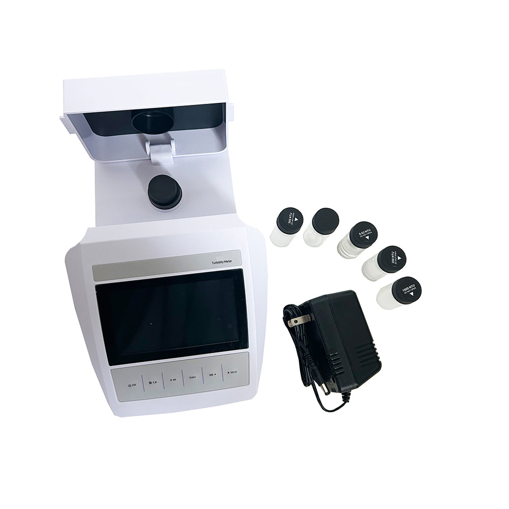 VTSYIQI Digital Benchtop Turbidity Meter Turbidimeter Nephelometer with Range 0 to 2000 NTU/FNU 0 to 500 EBC 0 to 9999 ASBC Accuracy ±2% 4 PCS Calibration Solutions Continuous Measurement Mode Suspended Particle Analysis