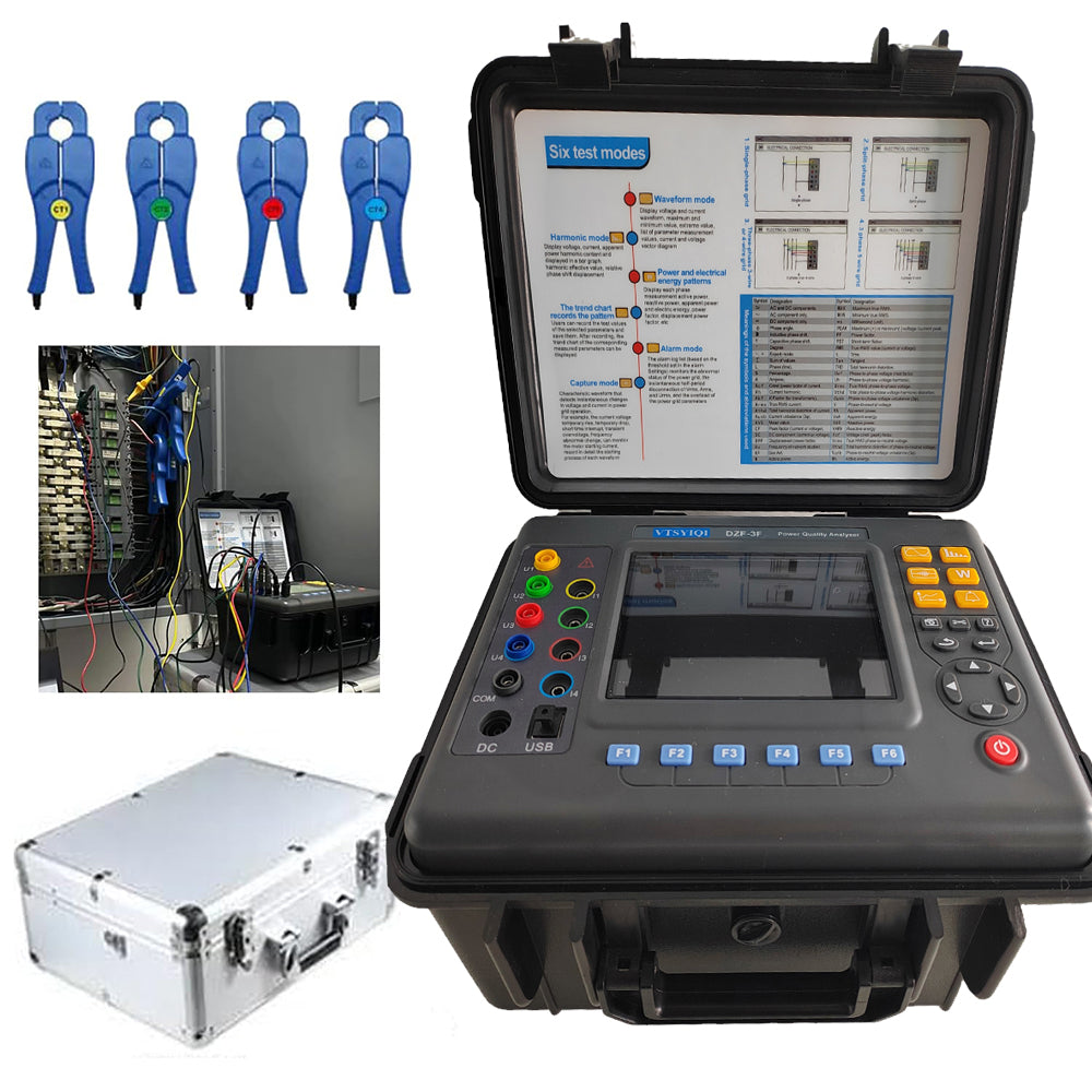 VTSYIQI Three Phase Power Quality Analyzer Meter Digital 3 Phase Power Quality Analyzer with IEC61010-031 Circle Current Clamp 20mm×20mm Current Clamp 0.10A-100A 150 Groups Data Storage