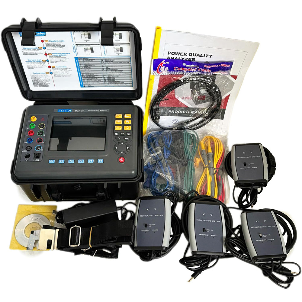 VTSYIQI Power Quality Meter 3 Phase Power Quality Analyzer Digital Power Quality Monitor with Flexible Coil Current Sensor Current 10A ~ 6000A USB Interface 150 Groups Records Size of Clamp Ф300mm IEC 61010 Standard