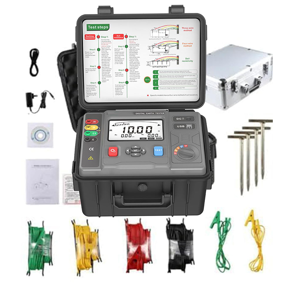 VTSYIQI Ground Resistance Soil Resistivity Tester Four Wire Earth Ground Resistance Tester with Soil Resistivity 0.00Ωm～9999kΩm Earth Resistance 0.00Ω～200.0kΩ DC Voltage 0.000V～1000V 2 3 4-Wire Method