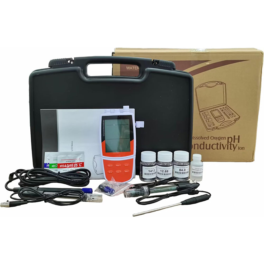 VTSYIQI Multiparameter Water Quality Meter pH mV Conductivity TDS Salinity Resistivity DO Temp Meter Standard Calibration Fluids  1 to 5 points calibration