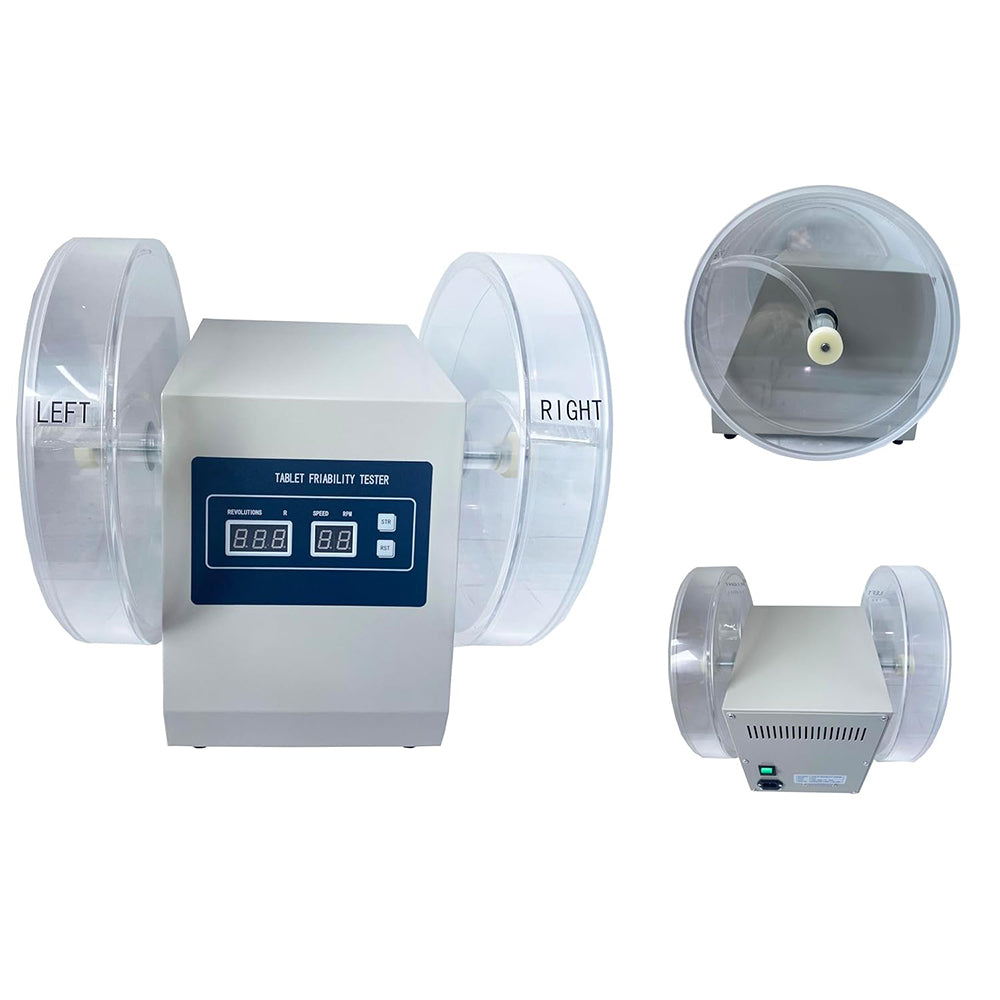 VTSYIQI Double Drum Friability Tester Friability Test Equipment for Checking The Friability of Uncoated Tablets with Rotation Speed Range 25rpm Turning Circles Range 100 Circles Inner Diameter of Turntable Cylinder Φ286mm Drug Drop Height 156MM