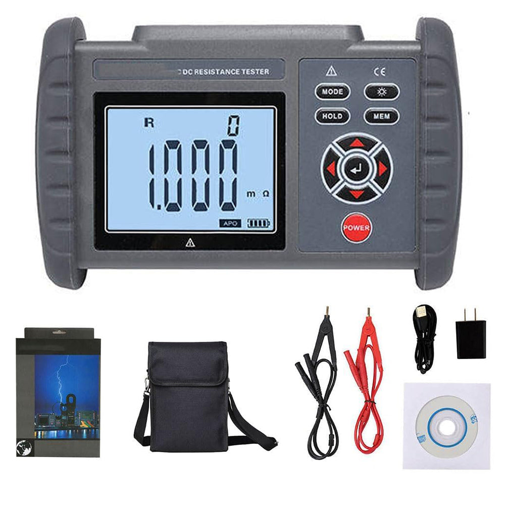 VTSYIQI DC Low Resistance Meter Micro-ohmmeter with Resistance Range 0.01mΩ to 30.00KΩ 500 Sets Data Storage Resolution 10uΩ Test Current ≥1A LCD Display Accuracy ±0.1% Used to Measure The Wire Resistance of Cables