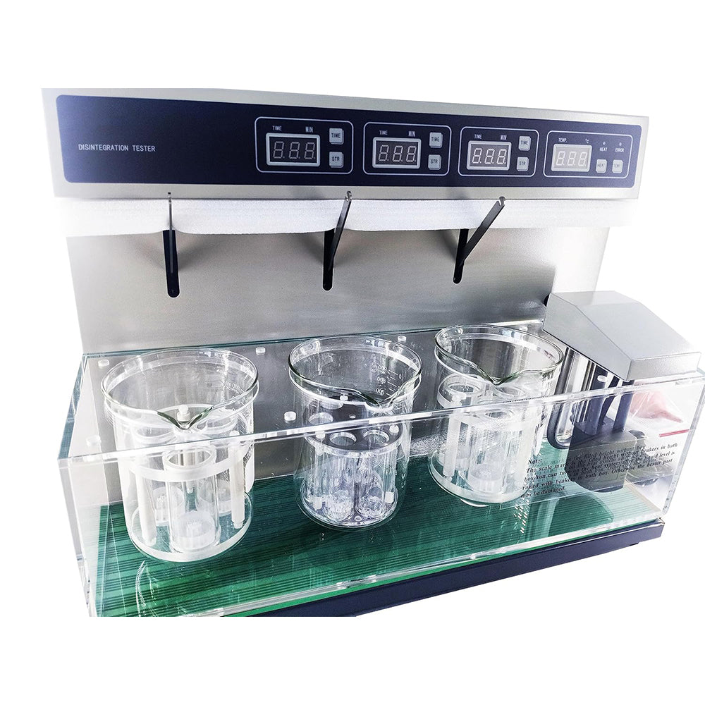 VTSYIQI Disintegration Apparatus Tablet Disintegration Instrument with 3 Basket Assembly 18 Number of Hanging Glass Tubes Timing Range (1 to 900) Minutes Timing Accuracy ±0.5min Basket Round-trip Frequency 30～32 times/min