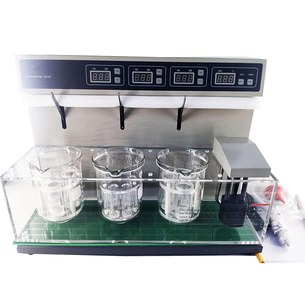 VTSYIQI Tablet Disintegration Tester Disintegration Testing Detecting Machine with Basket Assembly  3 Number of Hanging Glass Tubes 18 Flat Bottom Beaker Volume 1000ml Basket Round-trip Frequency  (30～32) times/min