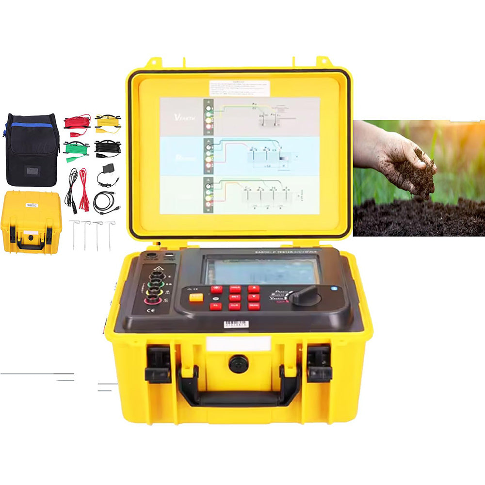 VTSYIQI Four Wire Earth Ground Resistance Tester Meter Soil Resistivity Tester with USB Interface Earth Resistance Range 0.00Ω～30.00kΩ 2 3 4‑Pole Test Method IP65 Protective Shell 300 Groups Data Storage