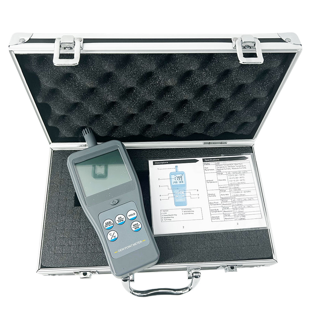 VTSYIQI Portable Dew Point Meter Dewpoint Meter with Test Parameters Ambient Temperature Relative Humidity Dew Point Temperature Wet Bulb Temperature Absolute Humidity PPM Large LCD Display
