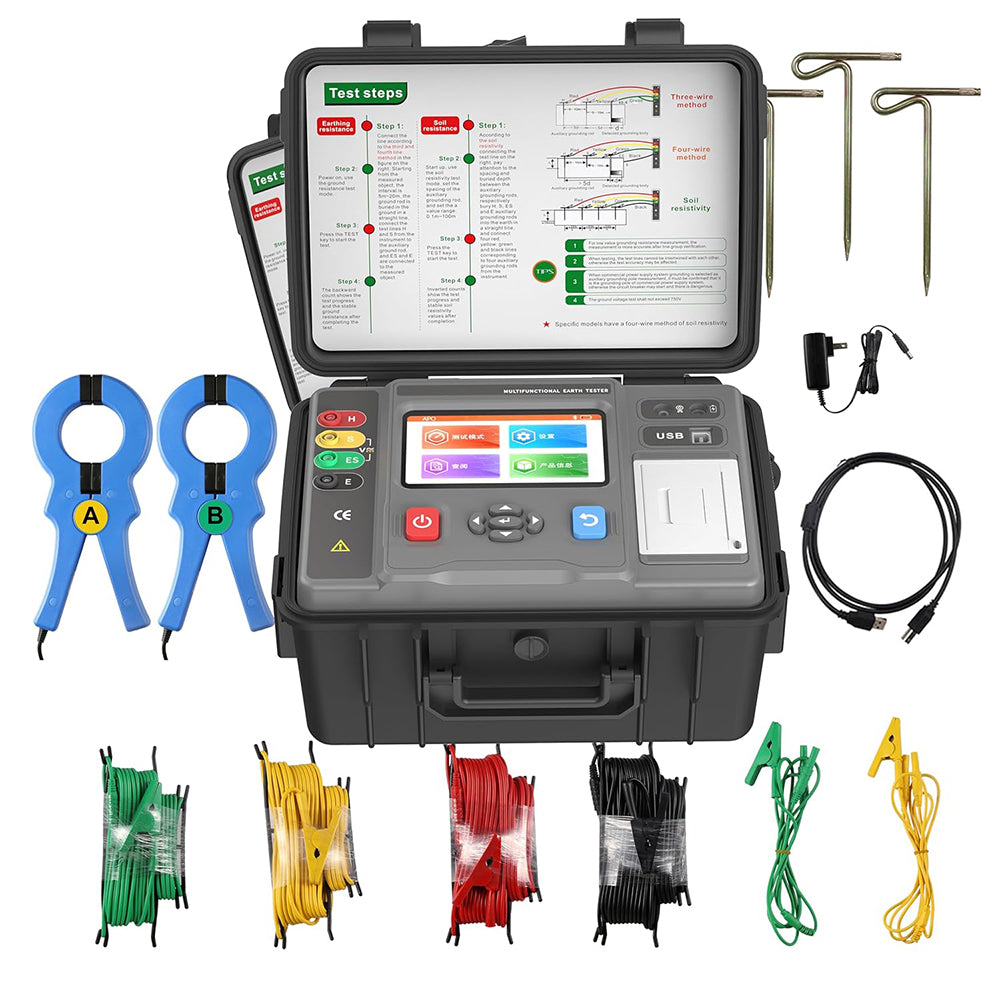 VTSYIQI Double Clamp Earth Resistance Meter Tester Ground Soil Resistivity Tester with Two,Three and Four Wire Method Grounding Resistance 0.00Ω～200.0kΩ Selection Method for Grounding Resistance 0.00Ω～3.000kΩ