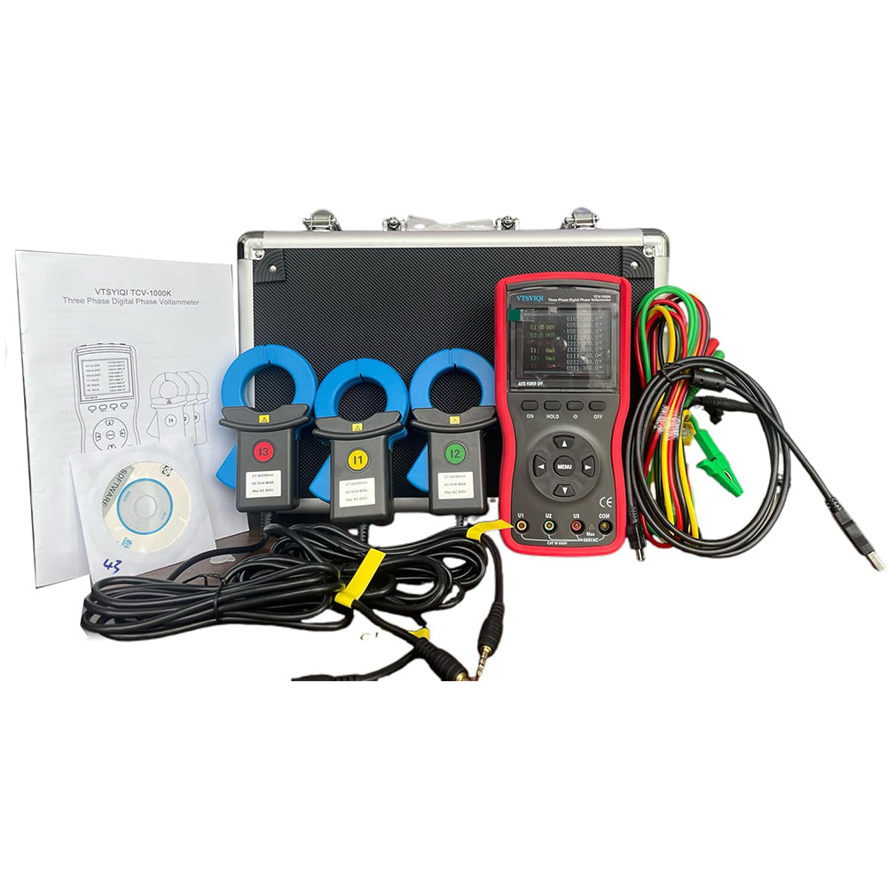 VTSYIQI Large Diameter Three Phase Digital Phase Voltage Meter Digital VA Meters with DC9V Alkaline Dry Battery Clamp jaw Size Φ8mm 600V Voltage 20A Current IEC61010-1 CAT Standard