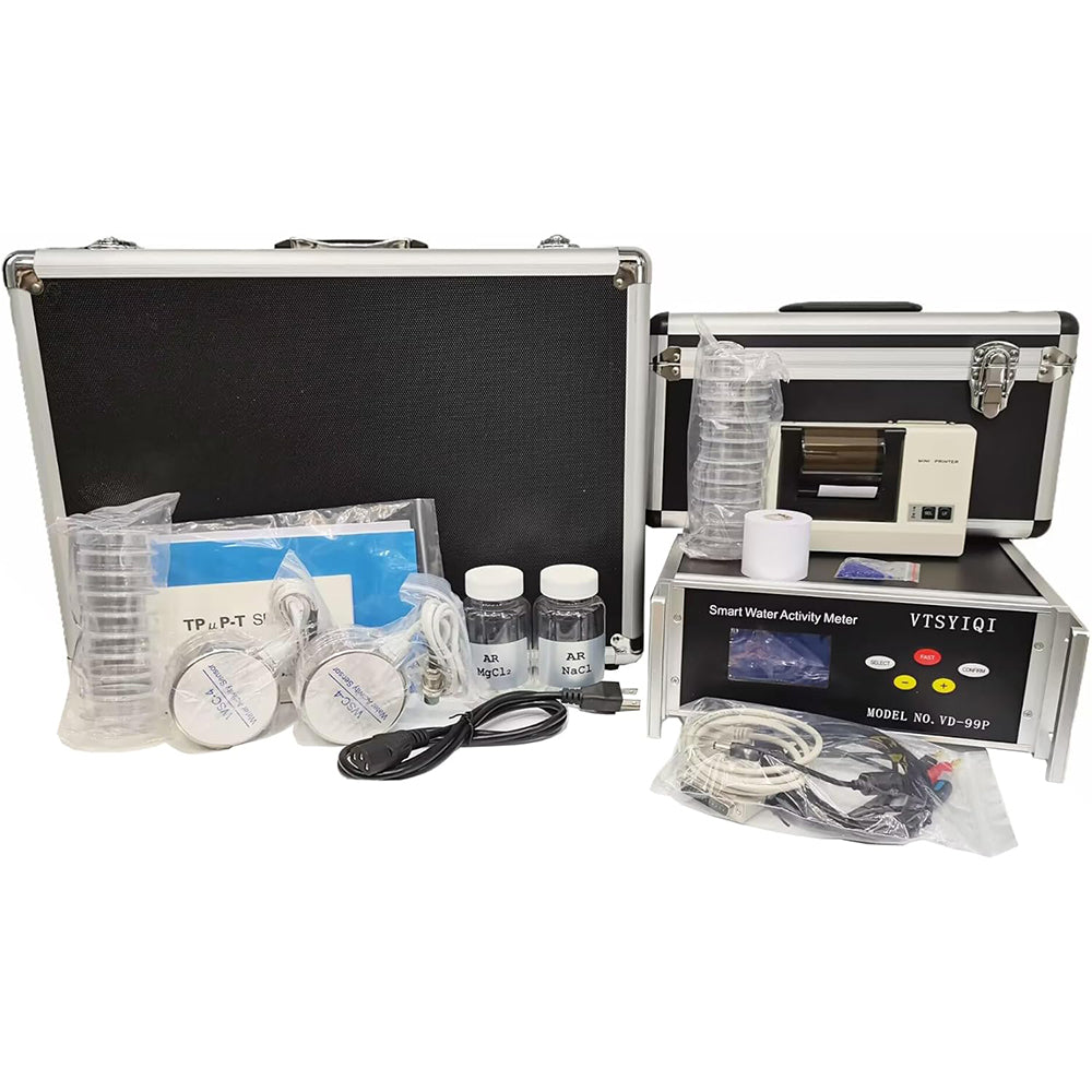 VTSYIQI Two Points Water Activity Meter Bentchtop Water Activity Measurement with Measurement Accuracy Temperature ±0.5℃ Water Activity ±0.012（@23℃±5℃）Measuring Range Temperature -10℃～50℃ Water Activity 0～1.000aw