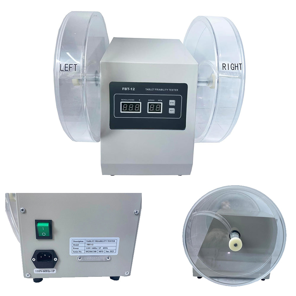 VTSYIQI Double Drum Friability Tester Friability Test Equipment for Checking The Friability of Uncoated Tablets with Rotation Speed Range 25rpm Turning Circles Range 100 Circles Inner Diameter of Turntable Cylinder Φ286mm Drug Drop Height 156MM