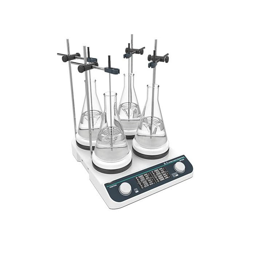 VTSYIQI Multi-Position Magnetic Hotplate Stirrers with 4 Stirring Points Speed Range 50-1500RPM Max Stirring Volume 4*2L Plate Temperature RT-310℃ Timing 1min-24h Stainless Steel Ceramic Coated Countertops