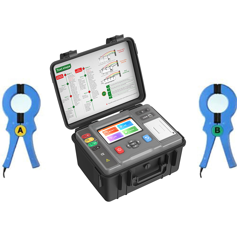 VTSYIQI Double Clamp Earth Resistance Tester Ground Soil Resistivity Tester with Soil Resistivity 0.00Ωm～9999kΩm Sine Wave 128Hz 500 Groups Data Storage Grounding Resistance 0.00Ω～200.0kΩ 5inches Screen