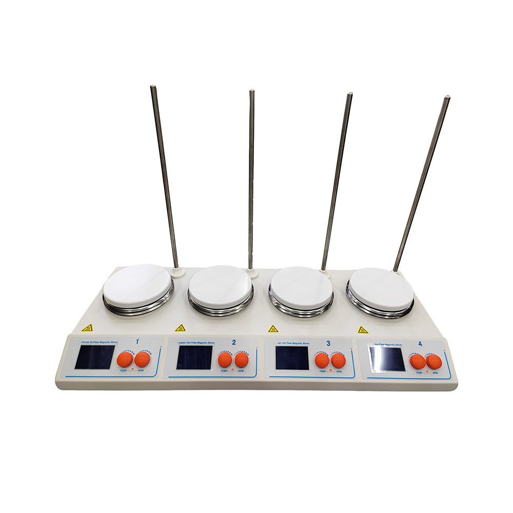VTSYIQI 4 Multi-Position Magnetic Stirrer Heating Magnetic Stirrers with Single Position Capacity 10L Speed Range 50~2000rpm Temperature Control RT+5~160℃ Independent Control for Each Station PT100 Temperature Sensor