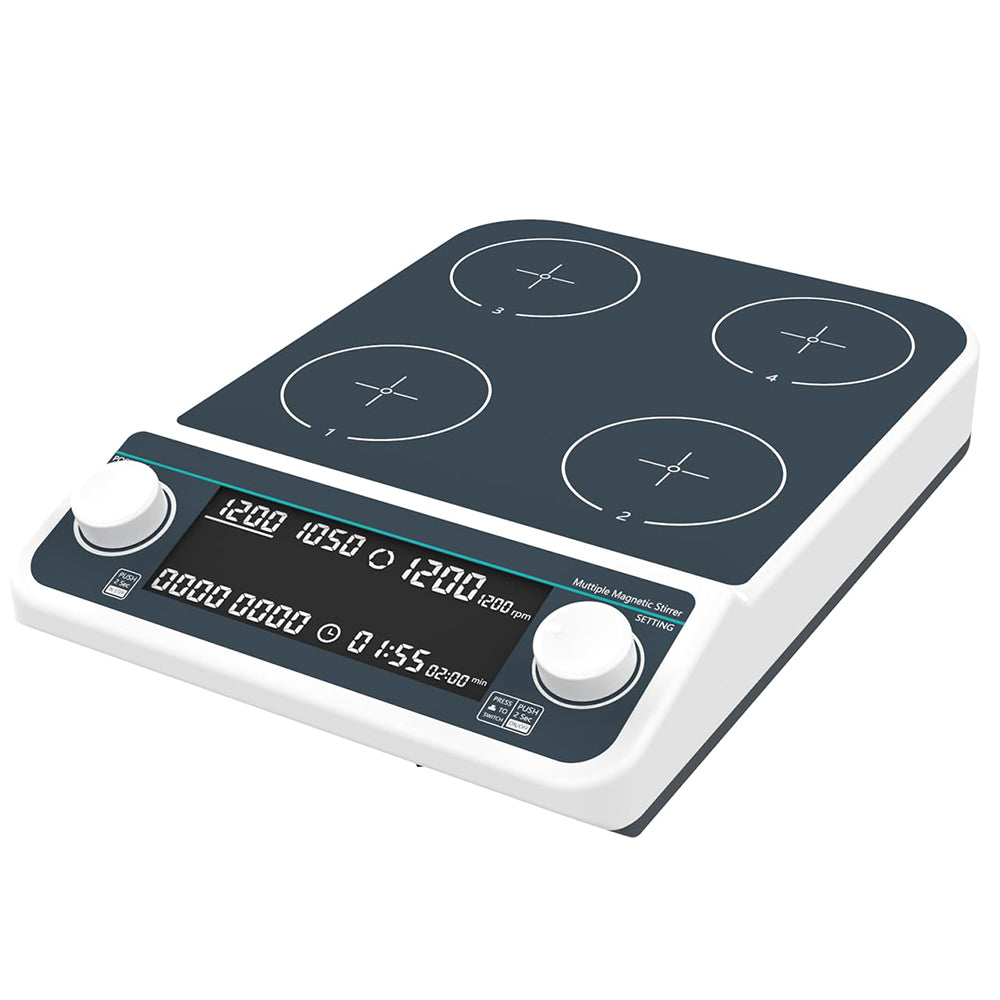 VTSYIQI Multi-Position Magnetic Stirrer 4 Position Magnetic Stirrer with 4 Stirring Points Rotating Speed 50-1500 RPM Mixer Max Stirring Volume 4 * 500 ML Plate Size 110MM Can be Run Synchronously or Asynchronously Plate Materia PET Anti-corrosion Plate