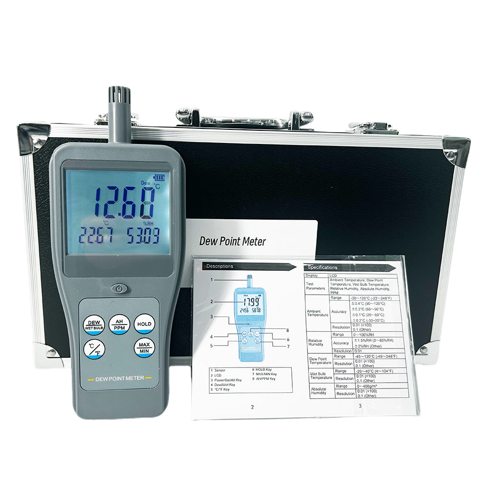 VTSYIQI Digital Dew Point Meters Precision Dew Point Meter with Temperature Unit °C/°F Test Parameters Ambient Temperature Relative Humidity Dew Point Temperature Wet Bulb Temperature Absolute Humidity PPM