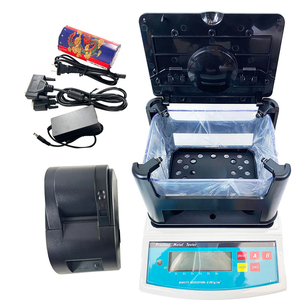 VTSYIQI Solids Densitometer Solid Density Meter Tester Gauge with Printer Precision 0.005g Accuracy 0.001g/cm3 Maximum Weight 600g RS232 Interface for Measuring Plastic Rubber Etc