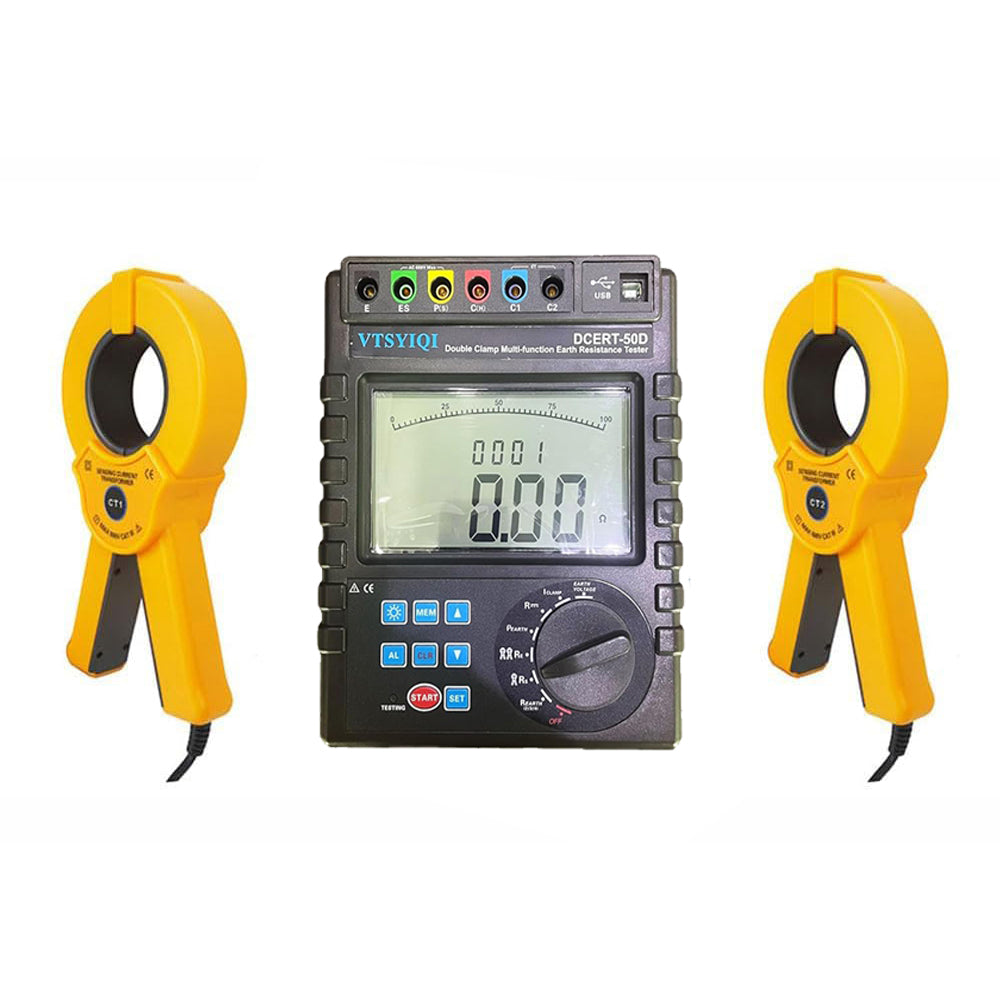 VTSYIQI Double Clamp Soil Resistivity Meter Four Wire Ground Resistance Tester with  Soil Resistivity 0.00Ωm-9000kΩm Grounding Voltage 0.0V-100.0V 2000 Groups Data Storage Grounding Resistance Range 0.00Ω-30.00kΩ