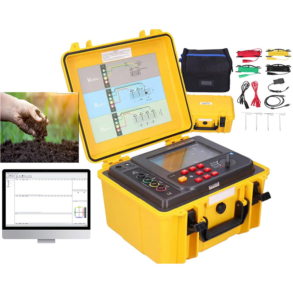 VTSYIQI 4-Point Ground Resistance Tester Kit Four Wire Soil Resistivity Tester Meter with Earth Voltage AC 0.0～600V Earth Resistance 0.00Ω～30.00kΩ USB Interface 2 3 4‑Pole Test Method IP65 Protective Shell