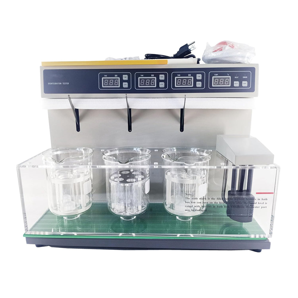 VTSYIQI Disintegration Time Limit Tester Tablet Disintegration Test Apparatus with 3 Basket Assembly 18 Number of Hanging Glass Tube Flat Bottom Beaker Volume 1000ml Timing Range 1-900 Minutes Automatic Temperature Control