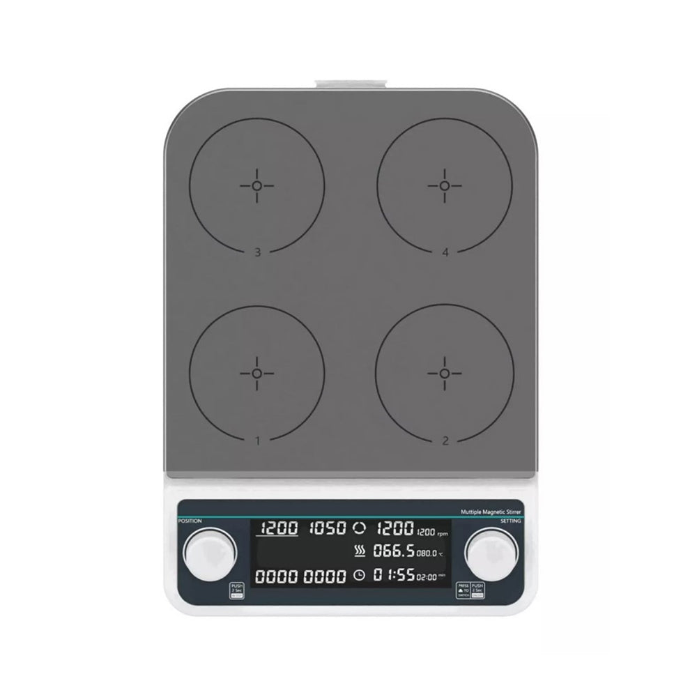 VTSYIQI Digital Multi-position Hot Plate Stirrer with Number Of Stirring Points 4 RPM 50-1200 RPM Brushless Motor Max Stirring Volume 4 * 500ML Timing 1min - 19h59min Plate Temperature Room Temp - 120℃