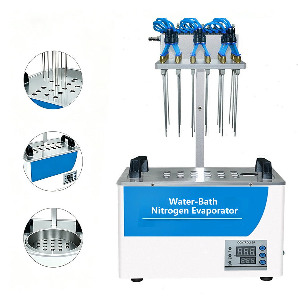 VTSYIQI 24-Hole Water Bath Nitrogen Blower Water Bath Concentration with Test Tube Aperture 16.5mm Sample Quantity 24 Barometer 0-15L/min Control Temperature RT-100℃ Standard Heating Module Test Tube Rack